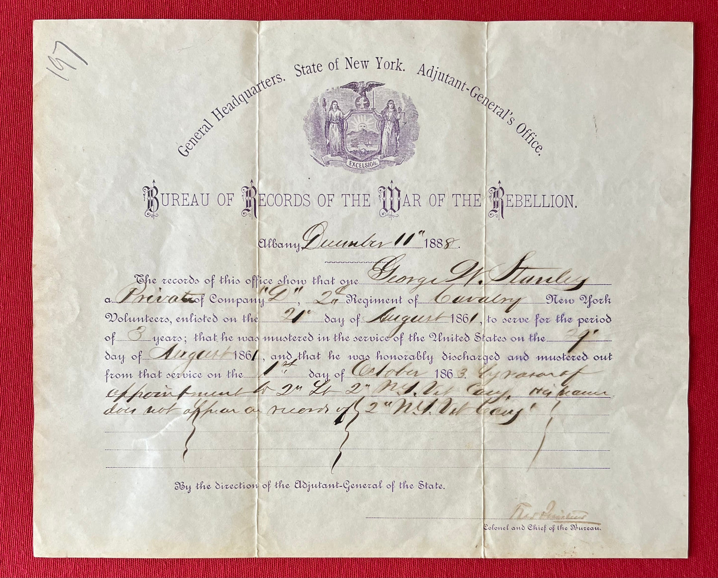 Civil War Discharge Document 2ND N.Y CAV REG Fought at the Battle of Gettysburg