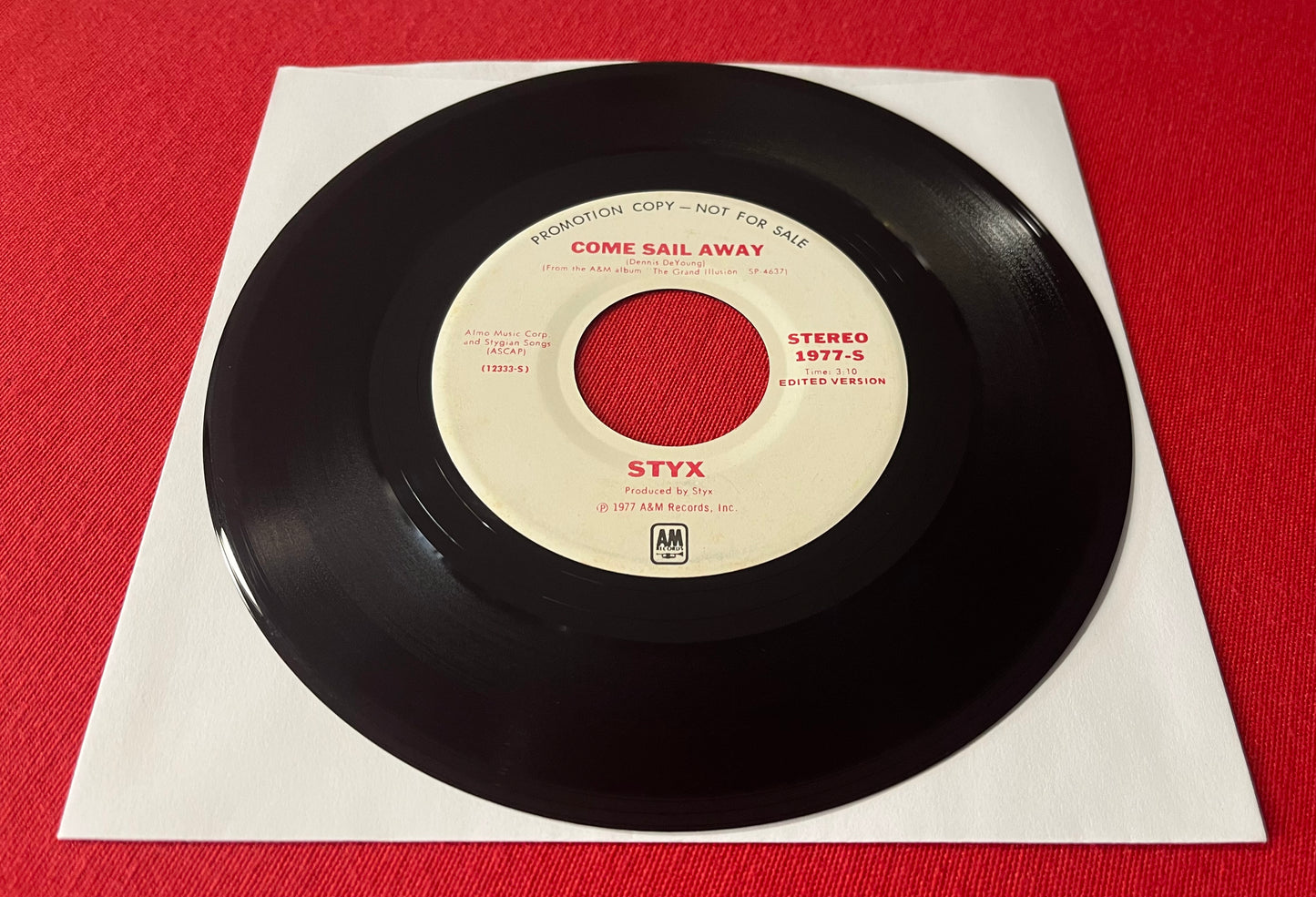 STYX- Come Sail Away “RARE”(Promotional Copy) 45 RPM Vinyl Record 7” Single