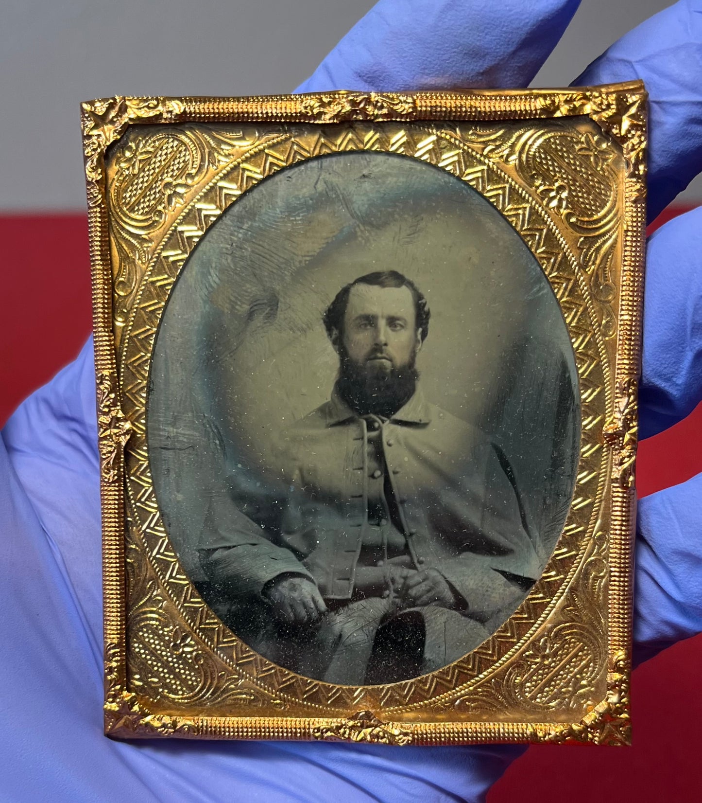 Civil War Soldier Image (Sixth Plate) Sitting In Great Coat Ambrotype