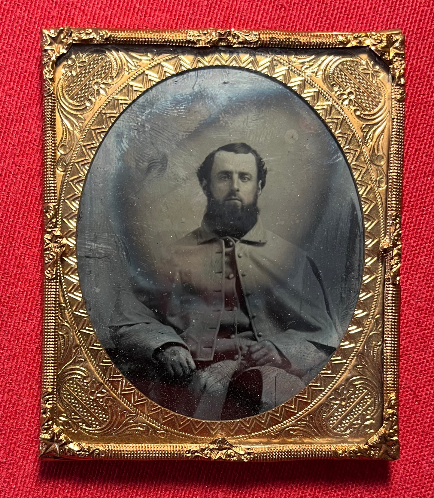 Civil War Soldier Image (Sixth Plate) Sitting In Great Coat Ambrotype