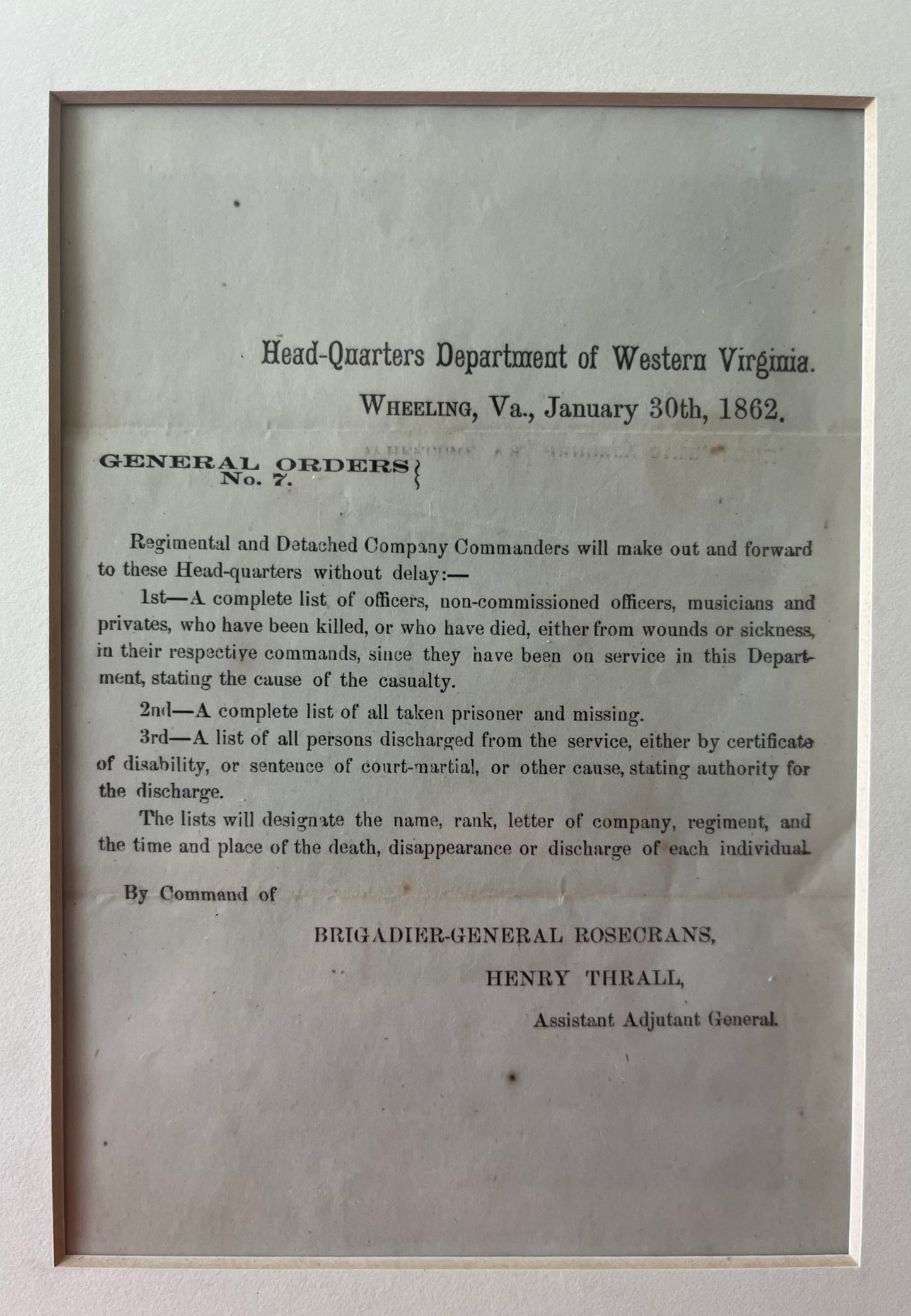 Civil War / General Orders Document / Gen. William Rosecrans / Stones River TN