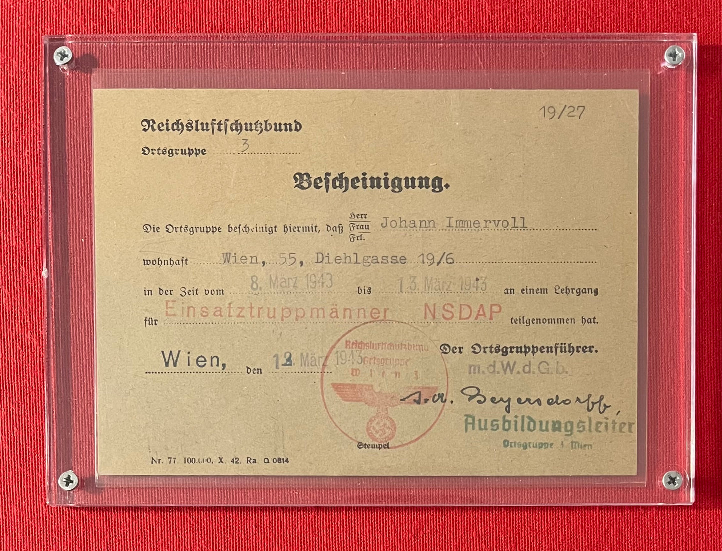 WW2 German 1943 NSDAP    (Nazi Party)Training Course Certification Card