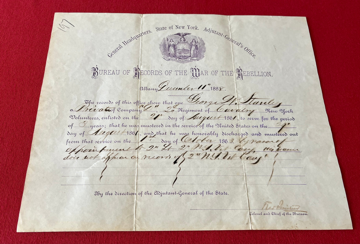 Civil War Discharge Document 2ND N.Y CAV REG Fought at the Battle of Gettysburg