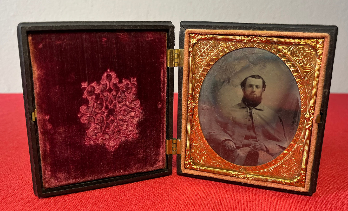 Civil War Soldier Image (Sixth Plate) Sitting In Great Coat Ambrotype