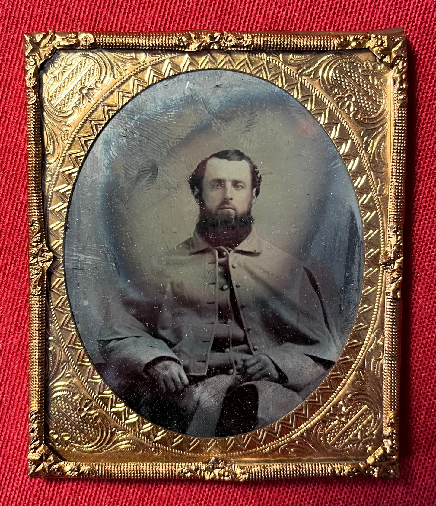 Civil War Soldier Image (Sixth Plate) Sitting In Great Coat Ambrotype