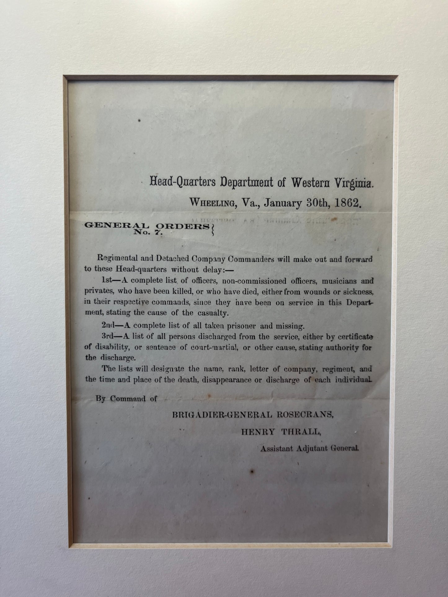 Civil War / General Orders Document / Gen. William Rosecrans / Stones River TN