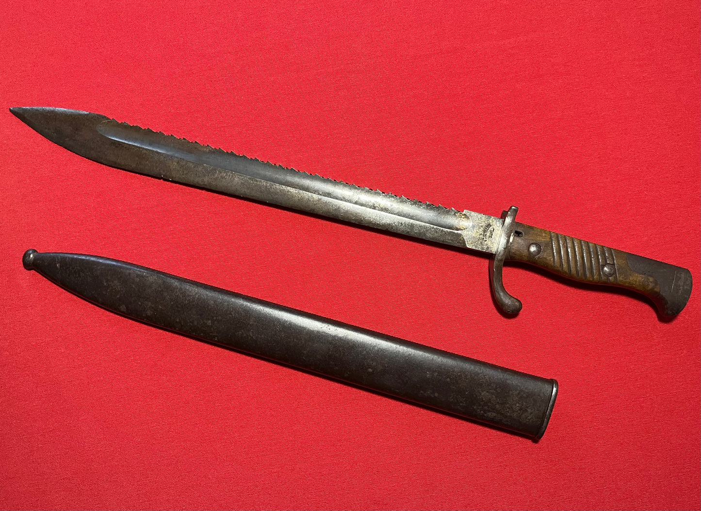 WW1 GERMAN M1898 98/05 "High Ear" Sawback Butcher Bayonet & Scabbard by V.C Shilling