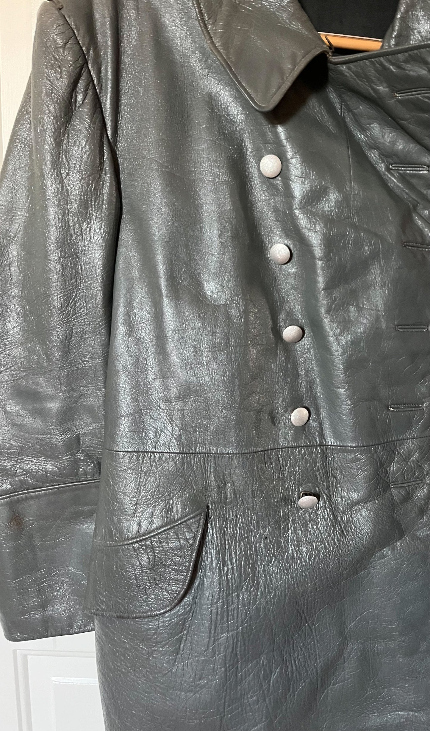 Authentic WW2 German Leather (Greatcoat)Trench Coat Complete with Hanger