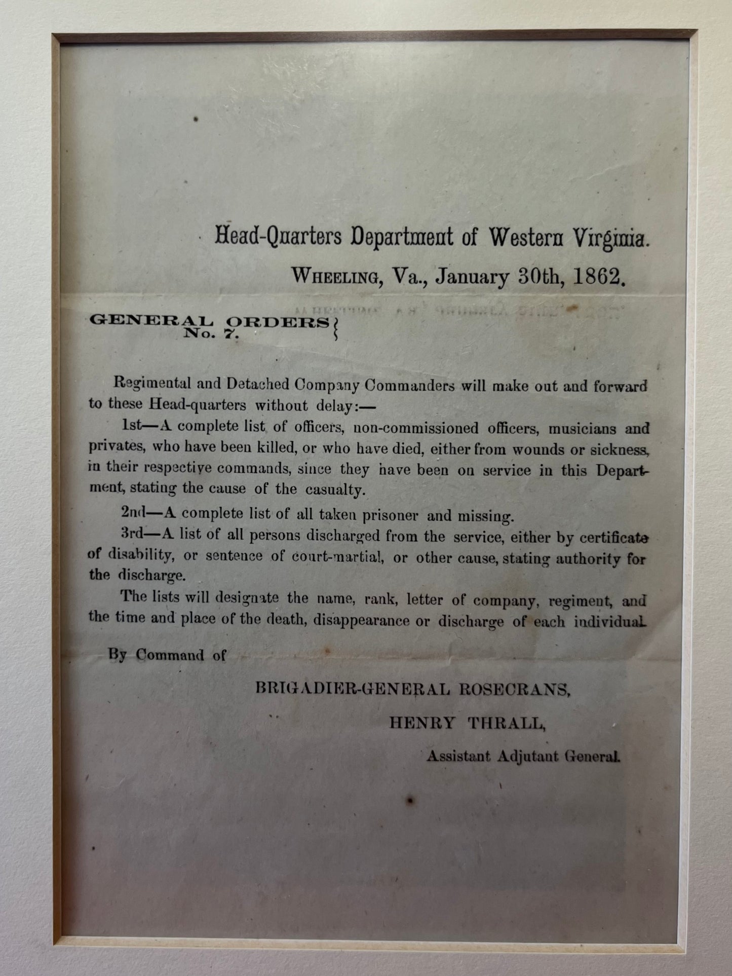 Civil War / General Orders Document / Gen. William Rosecrans / Stones River TN