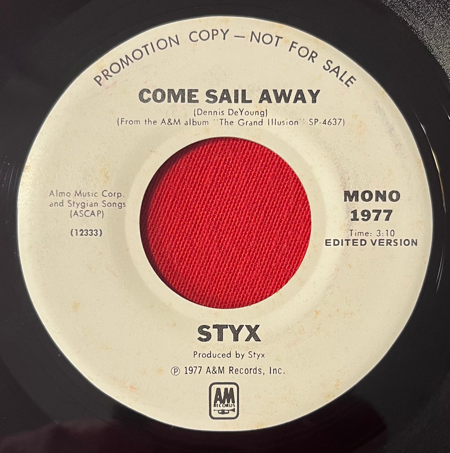 STYX- Come Sail Away “RARE”(Promotional Copy) 45 RPM Vinyl Record 7” Single