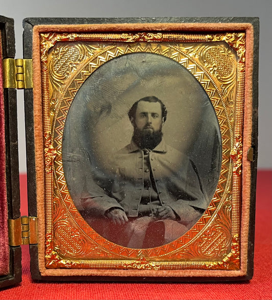 Civil War Soldier Image (Sixth Plate) Sitting In Great Coat Ambrotype