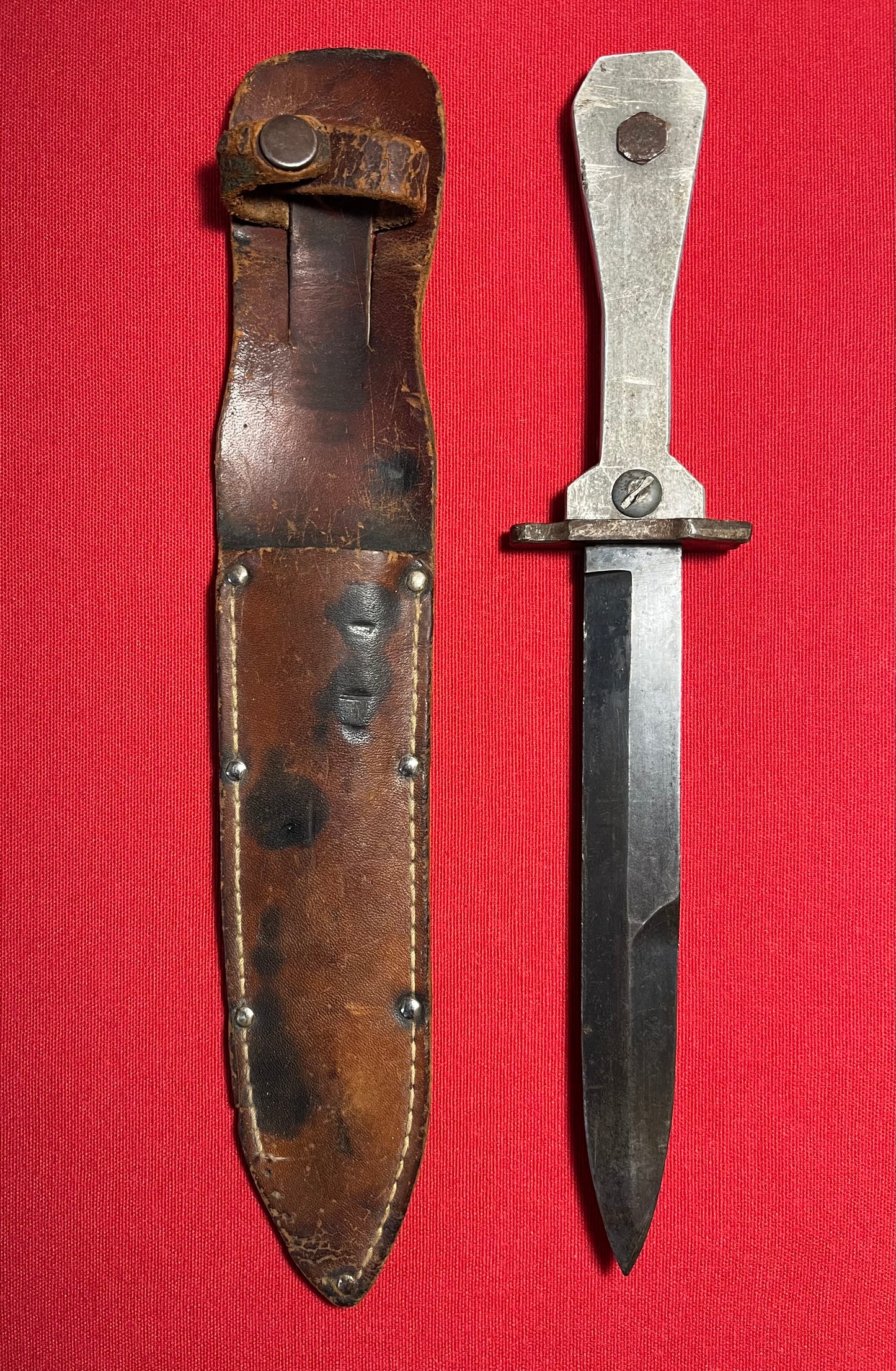 Scarce WW2 U.S. (Coffin Handle) M3 Fighting Knife & Scabbard / Theater Made Trench Art