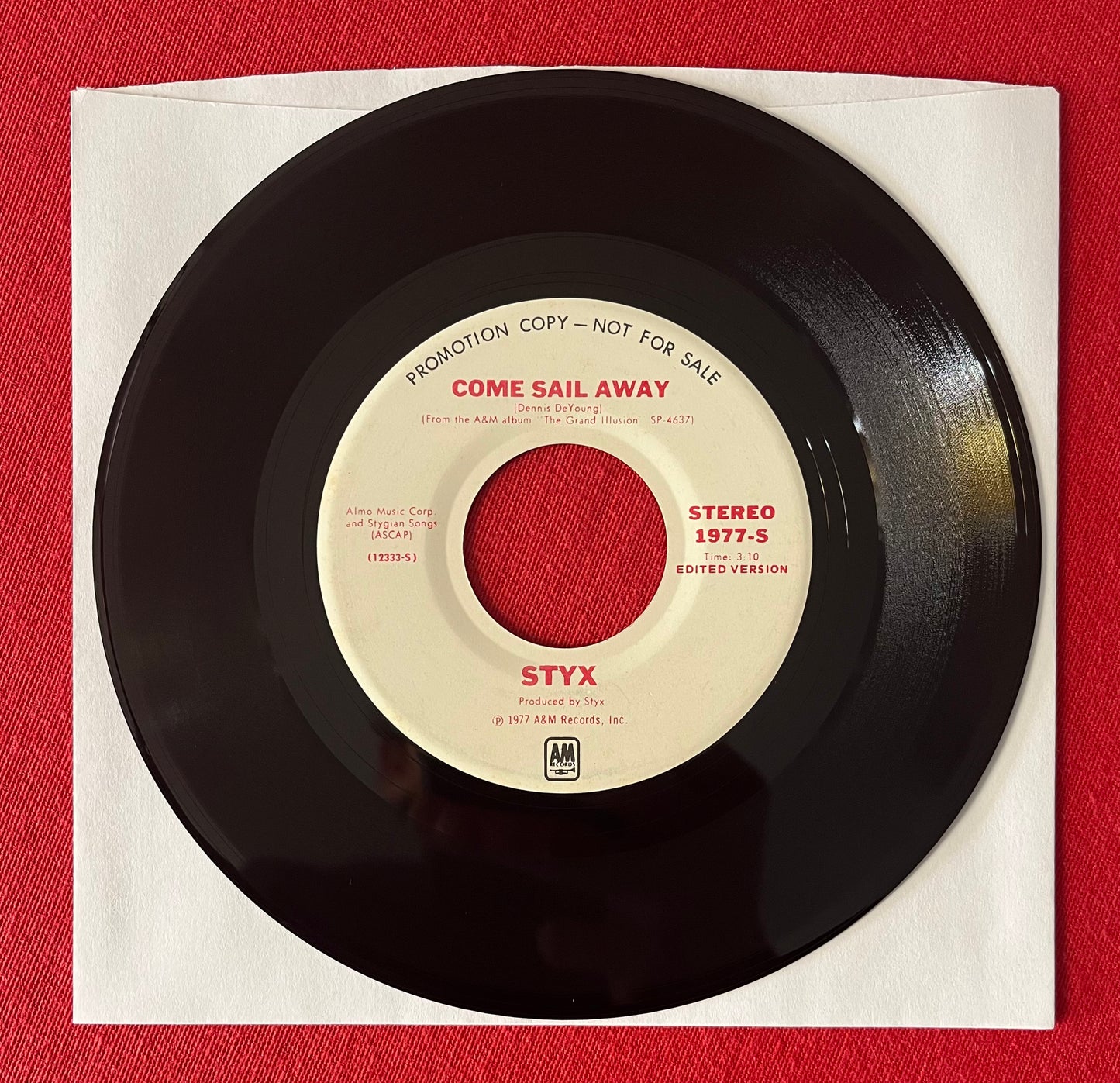 STYX- Come Sail Away “RARE”(Promotional Copy) 45 RPM Vinyl Record 7” Single