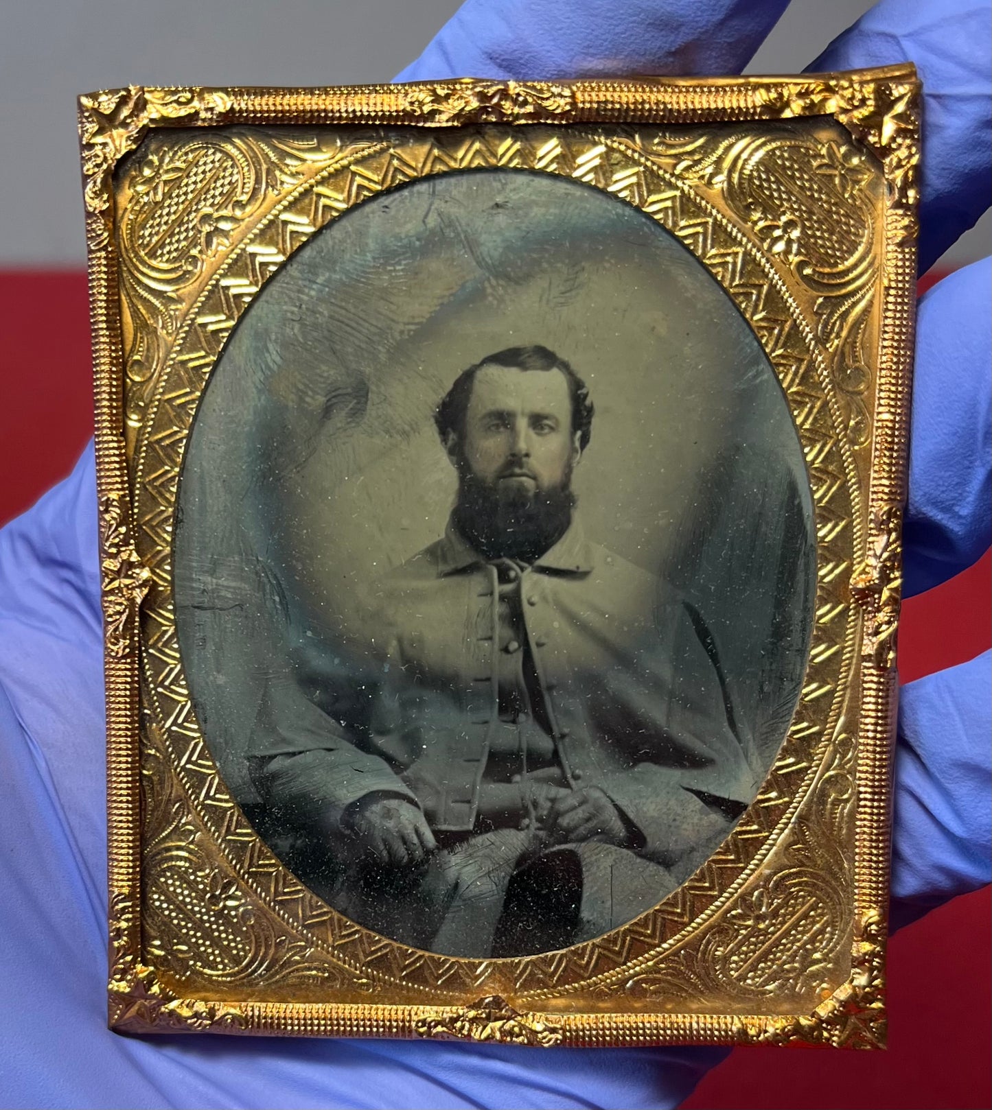 Civil War Soldier Image (Sixth Plate) Sitting In Great Coat Ambrotype