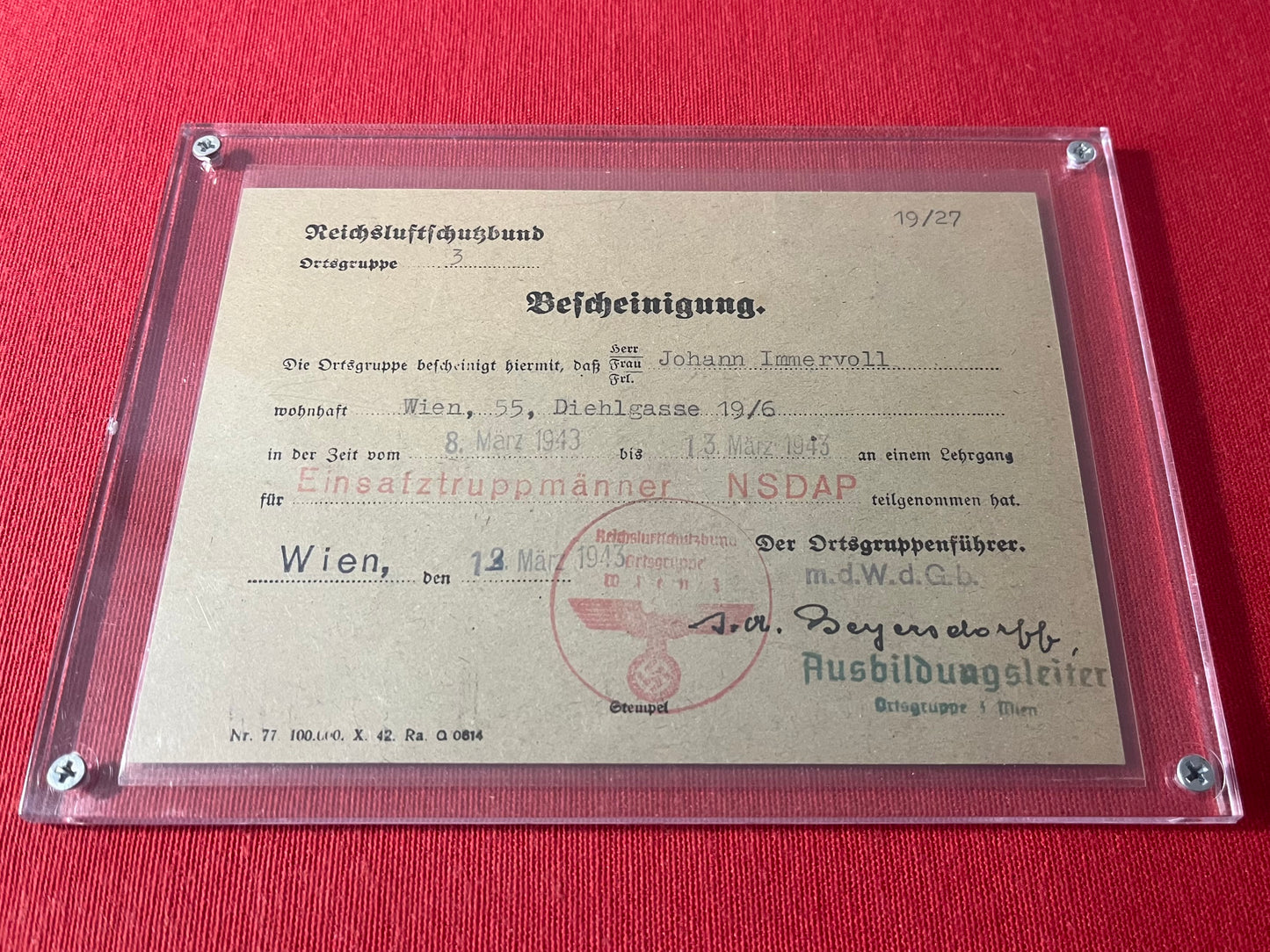 WW2 German 1943 NSDAP    (Nazi Party)Training Course Certification Card