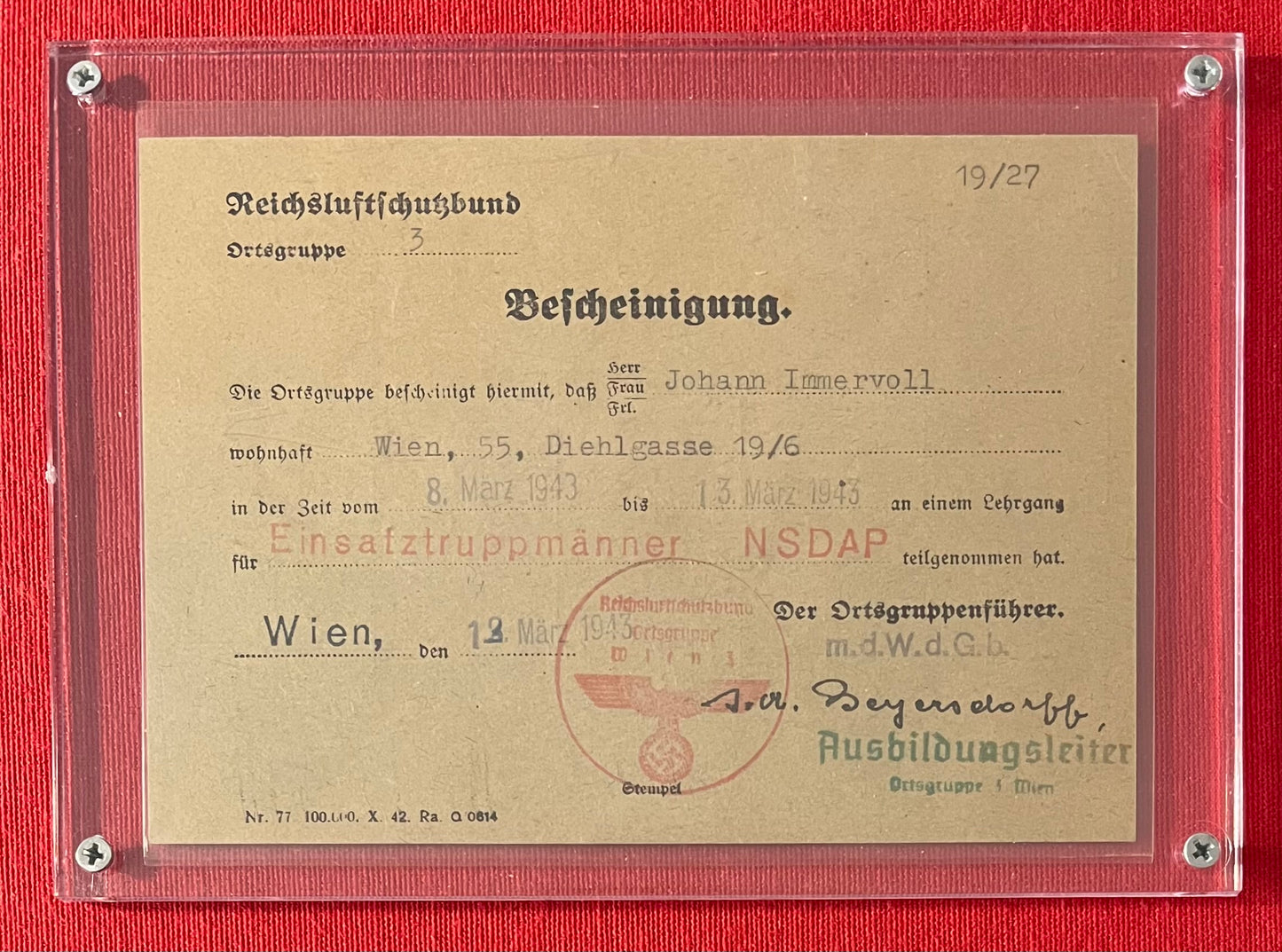 WW2 German 1943 NSDAP    (Nazi Party)Training Course Certification Card