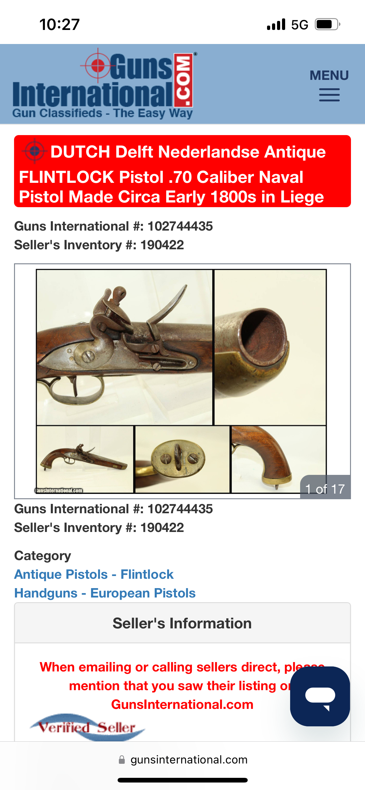 DUTCH Delft Nederlandse Antique FLINTLOCK Pistol .70 Caliber Naval Pistol