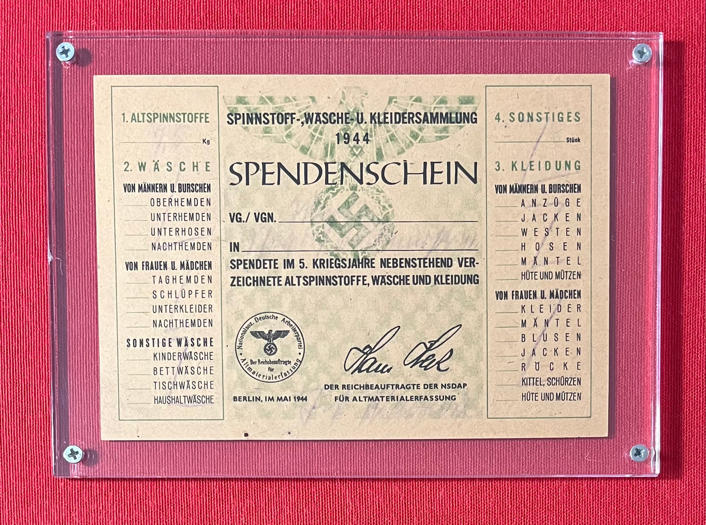 WW2 German NSDAP (Nazi Pary) Clothing Donation Receipt 1944