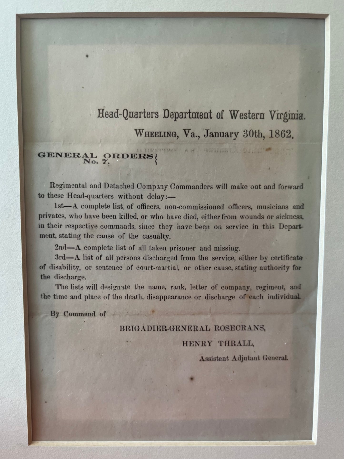 Civil War / General Orders Document / Gen. William Rosecrans / Stones River TN