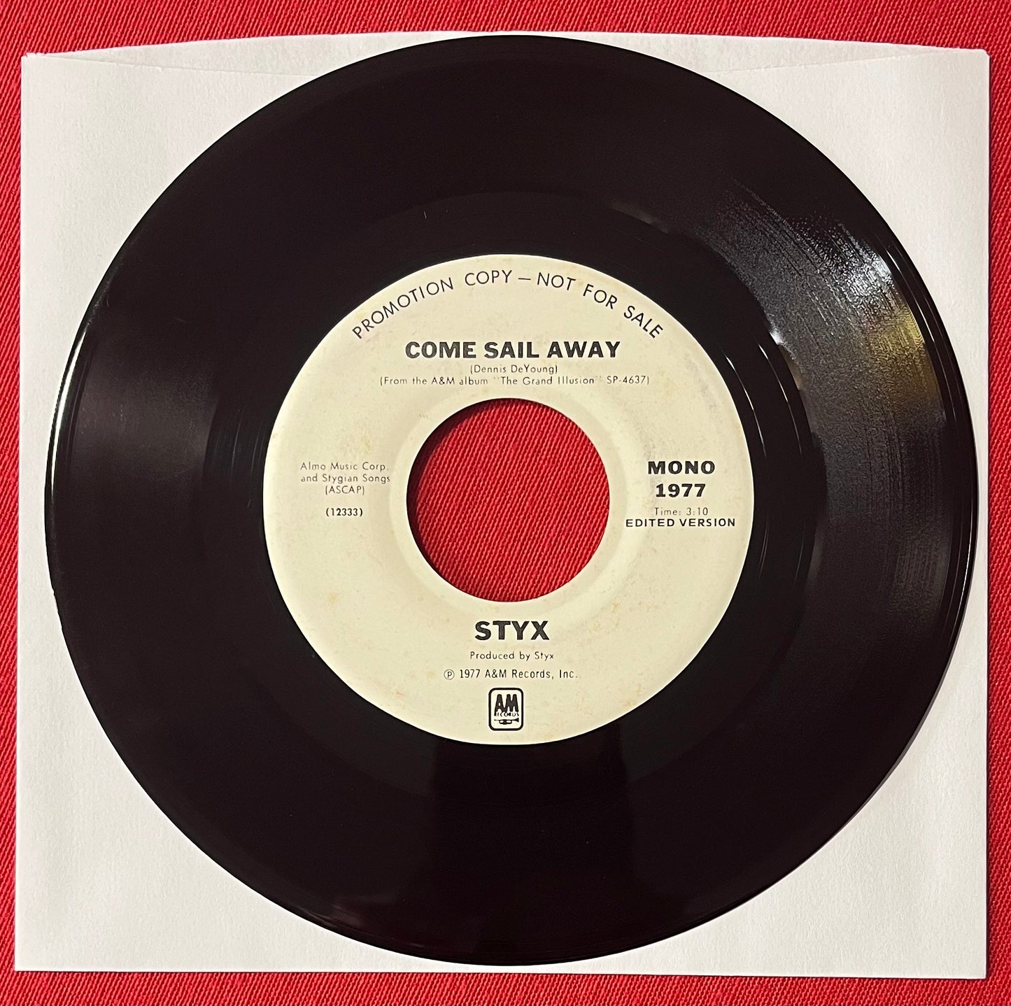 STYX- Come Sail Away “RARE”(Promotional Copy) 45 RPM Vinyl Record 7” Single