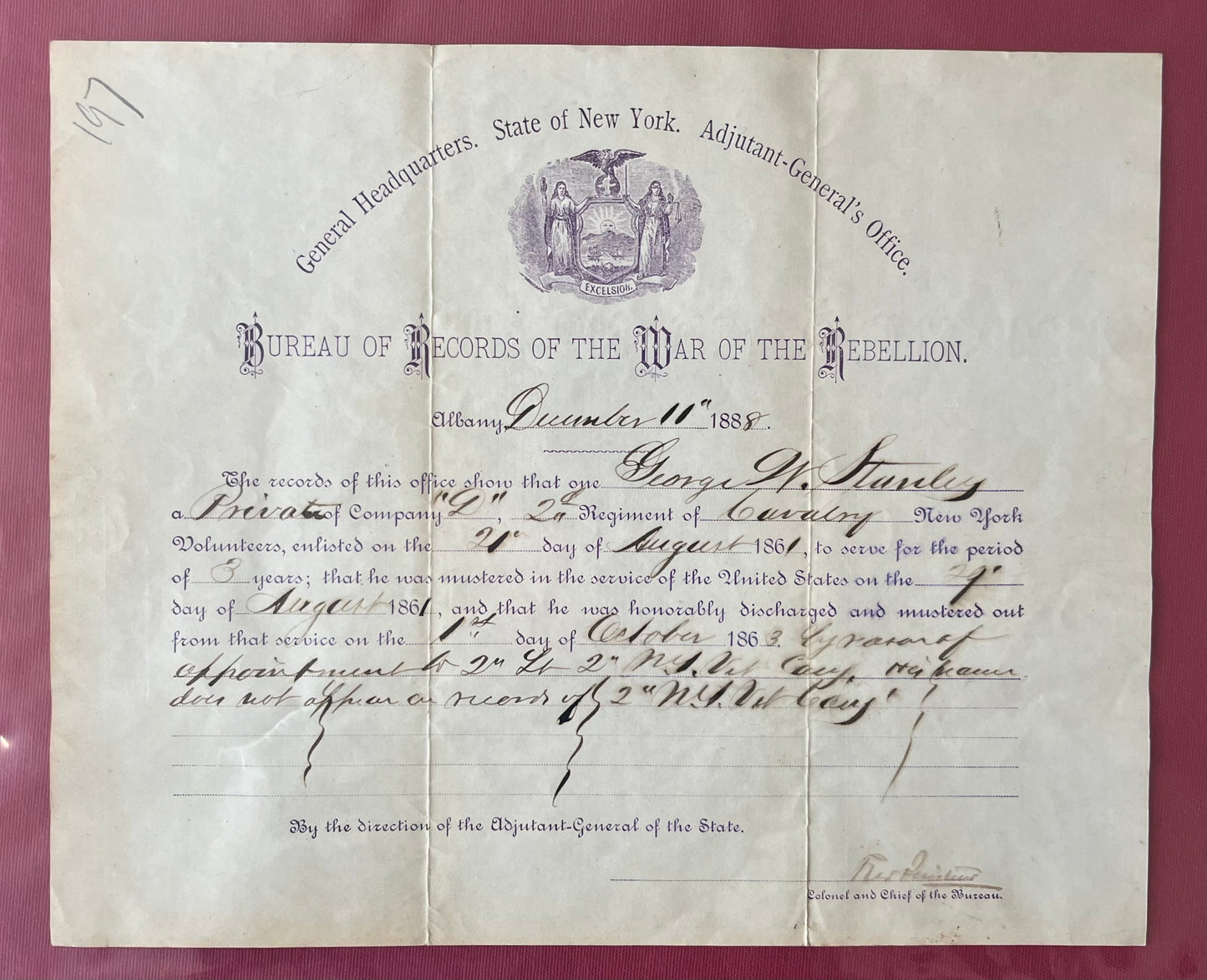 Civil War Discharge Document 2ND N.Y CAV REG Fought at the Battle of Gettysburg