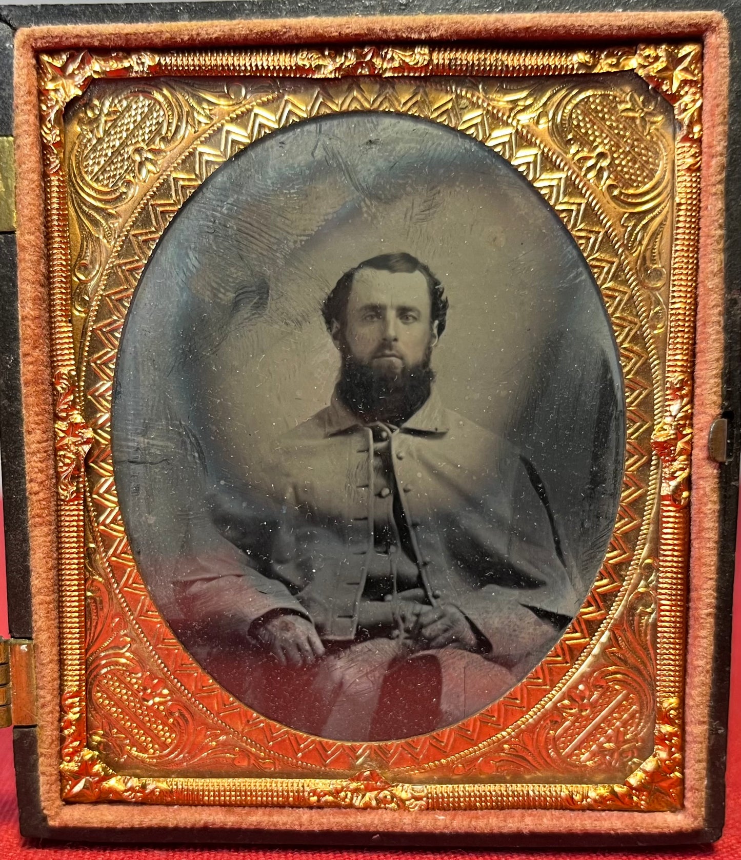 Civil War Soldier Image (Sixth Plate) Sitting In Great Coat Ambrotype