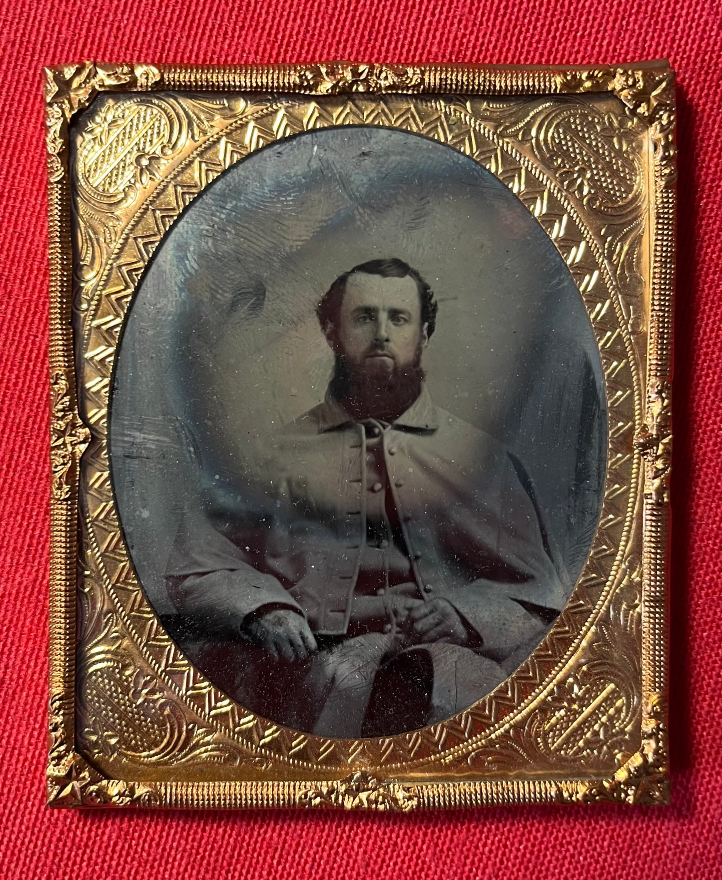 Civil War Soldier Image (Sixth Plate) Sitting In Great Coat Ambrotype