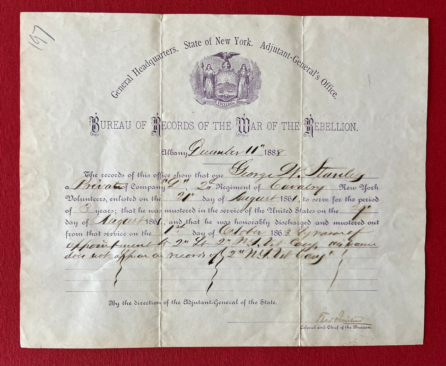 Civil War Discharge Document 2ND N.Y CAV REG Fought at the Battle of Gettysburg