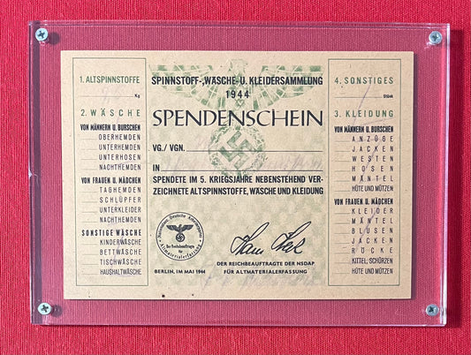 WW2 German NSDAP (Nazi Pary) Clothing Donation Receipt 1944