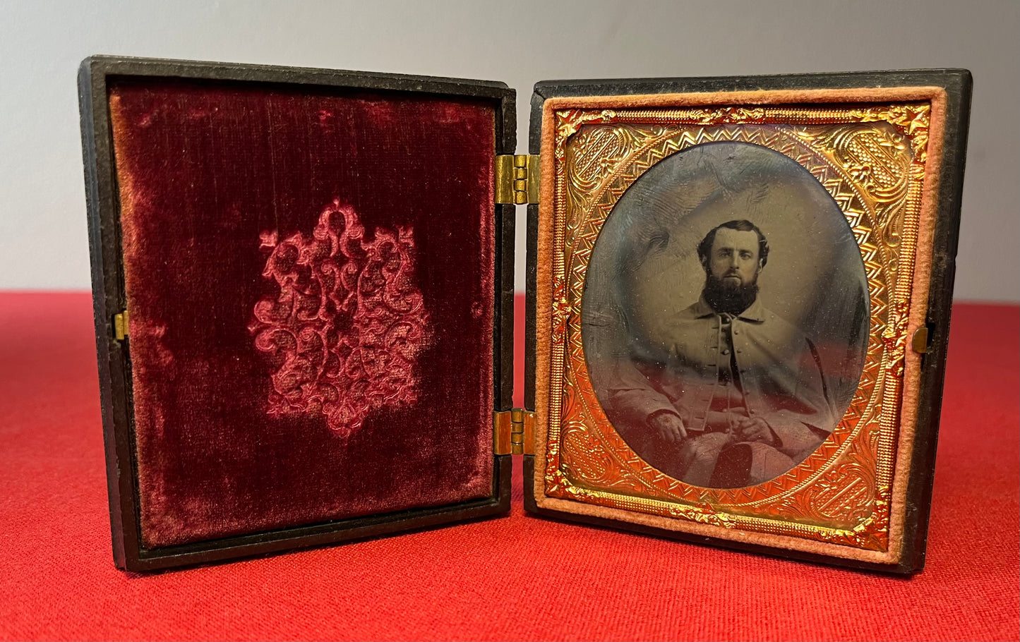 Civil War Soldier Image (Sixth Plate) Sitting In Great Coat Ambrotype