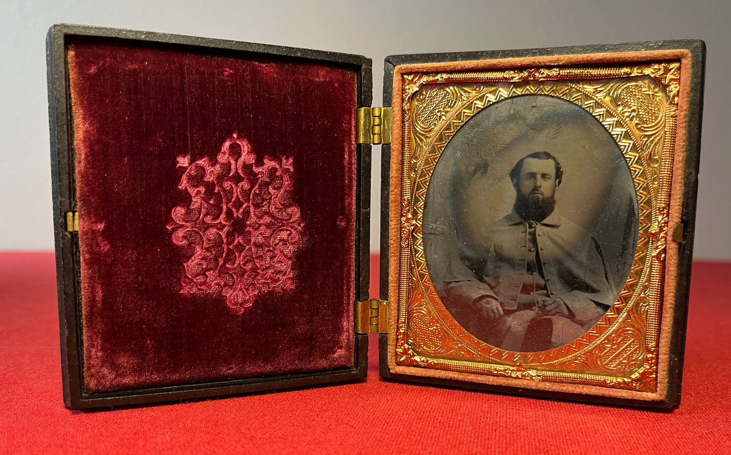 Civil War Soldier Image (Sixth Plate) Sitting In Great Coat Ambrotype