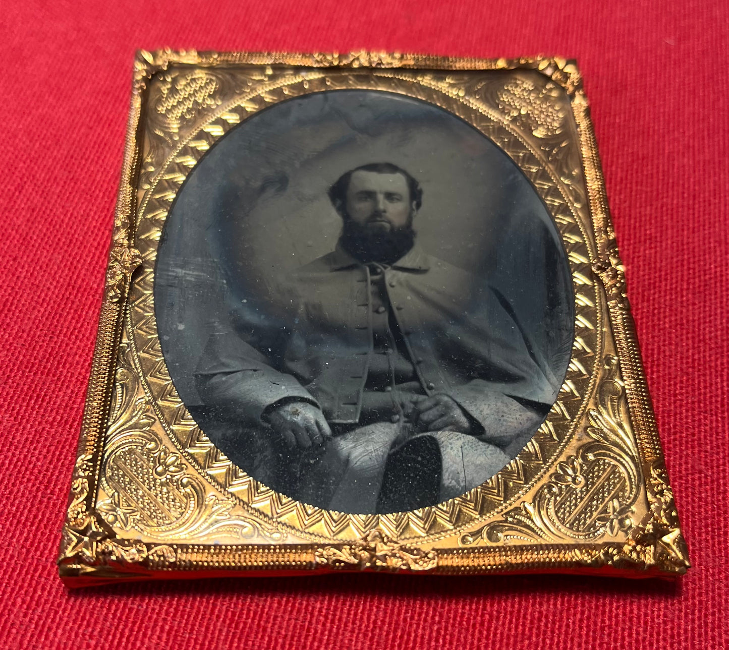 Civil War Soldier Image (Sixth Plate) Sitting In Great Coat Ambrotype