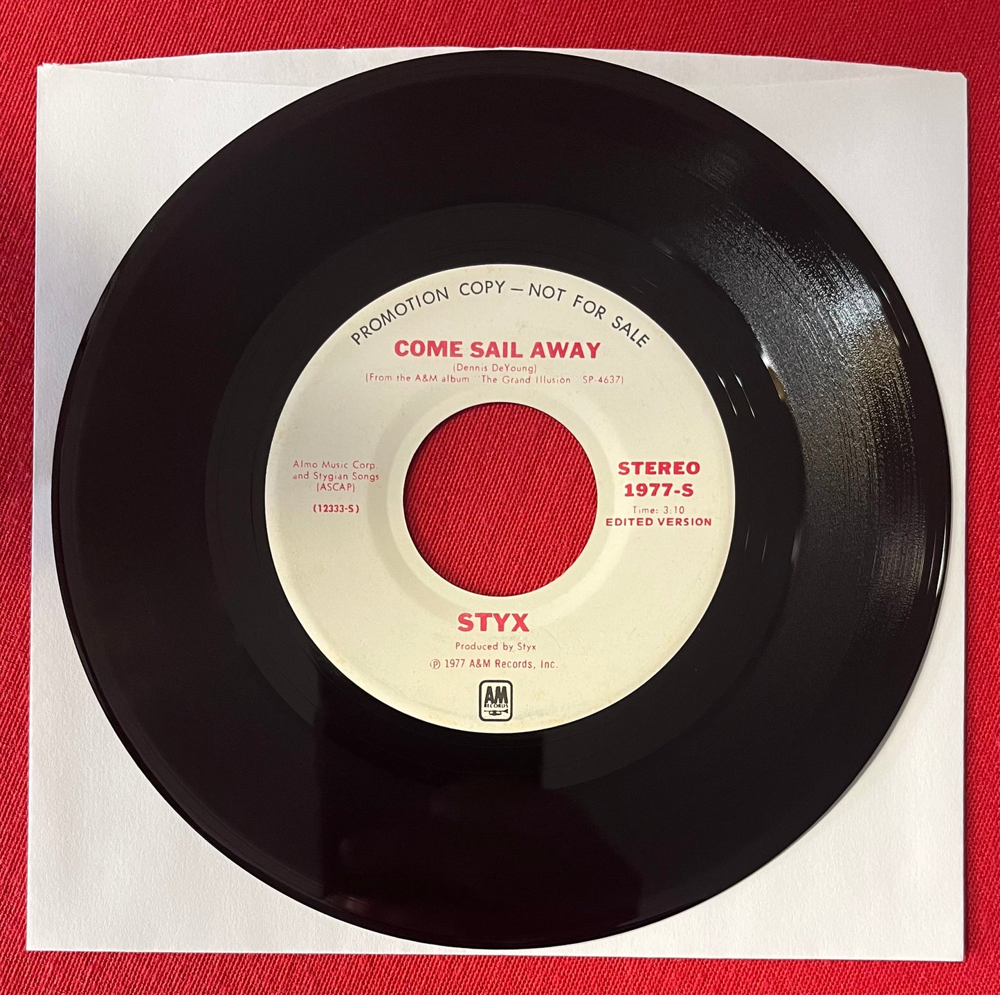 STYX- Come Sail Away “RARE”(Promotional Copy) 45 RPM Vinyl Record 7” Single