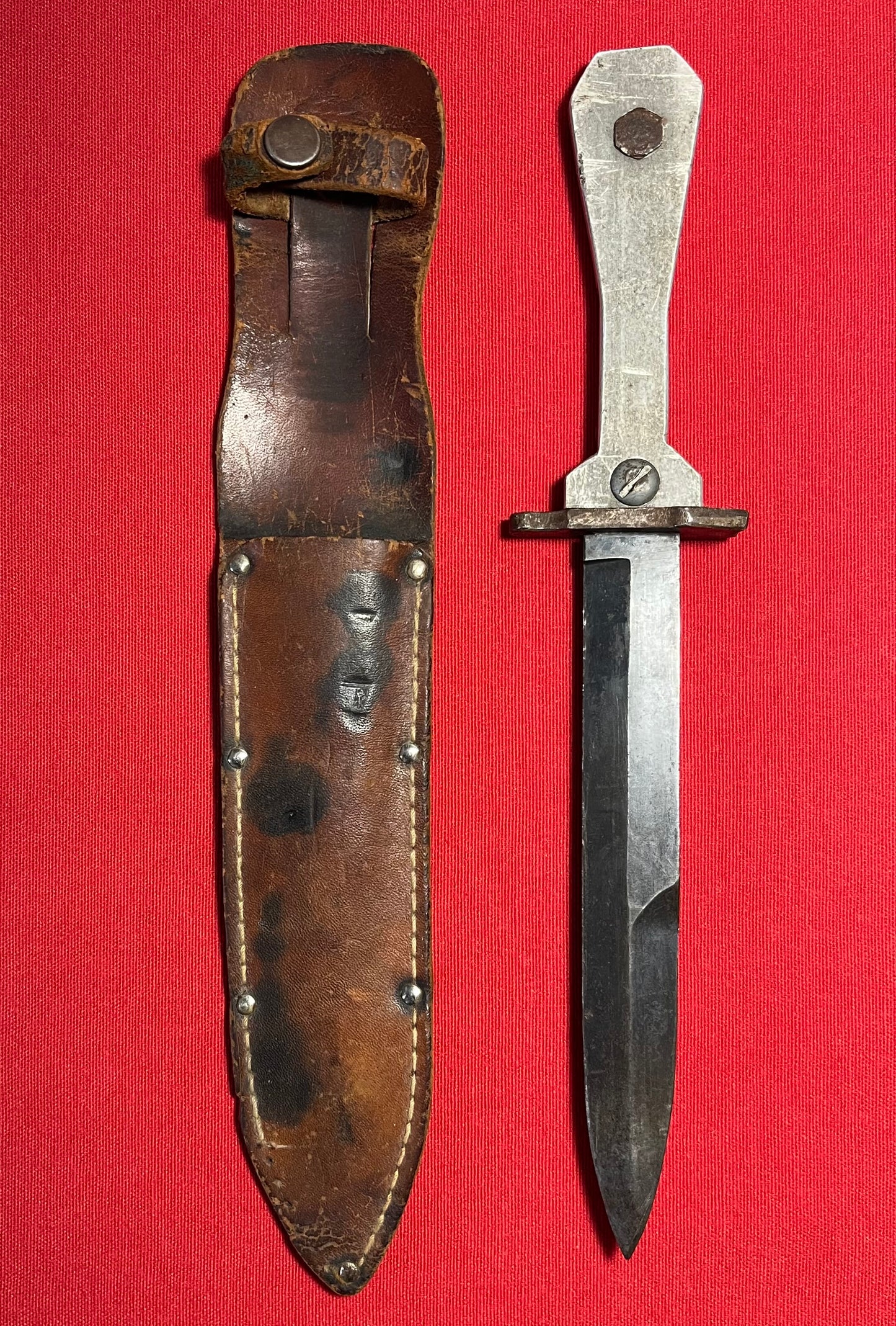 Scarce WW2 U.S. (Coffin Handle) M3 Fighting Knife & Scabbard / Theater Made Trench Art